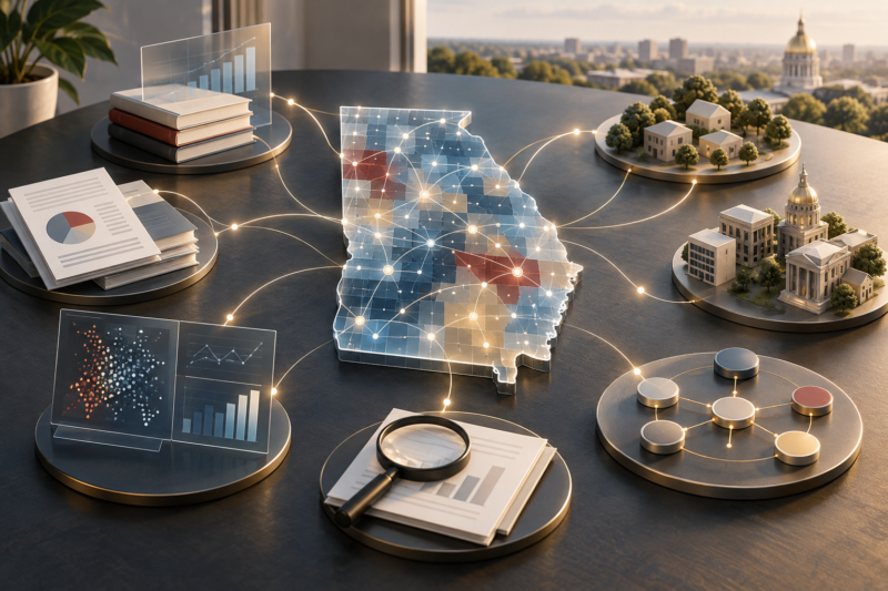 Lit up image of the state of Georgia connected to data and communities.